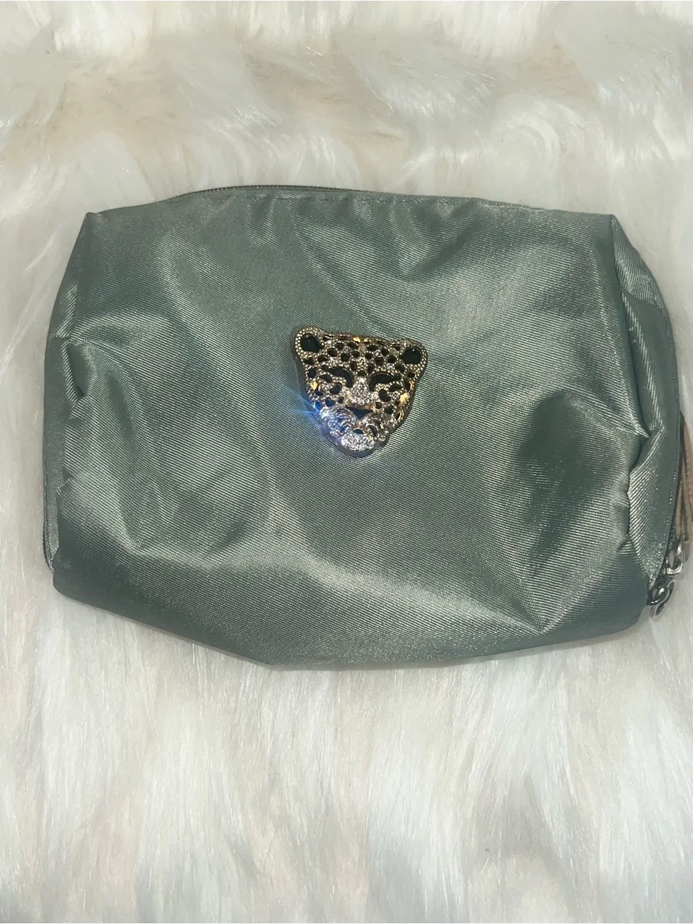 Jeweled Panther Cosmetic/Jewelry Bag Sage Green Zip Pouch
